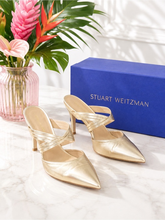 Stuart Weitzman Shoes - Stuart Weitzman Gold Iridescent Pointed-Toe Strappy Mule Stilettos